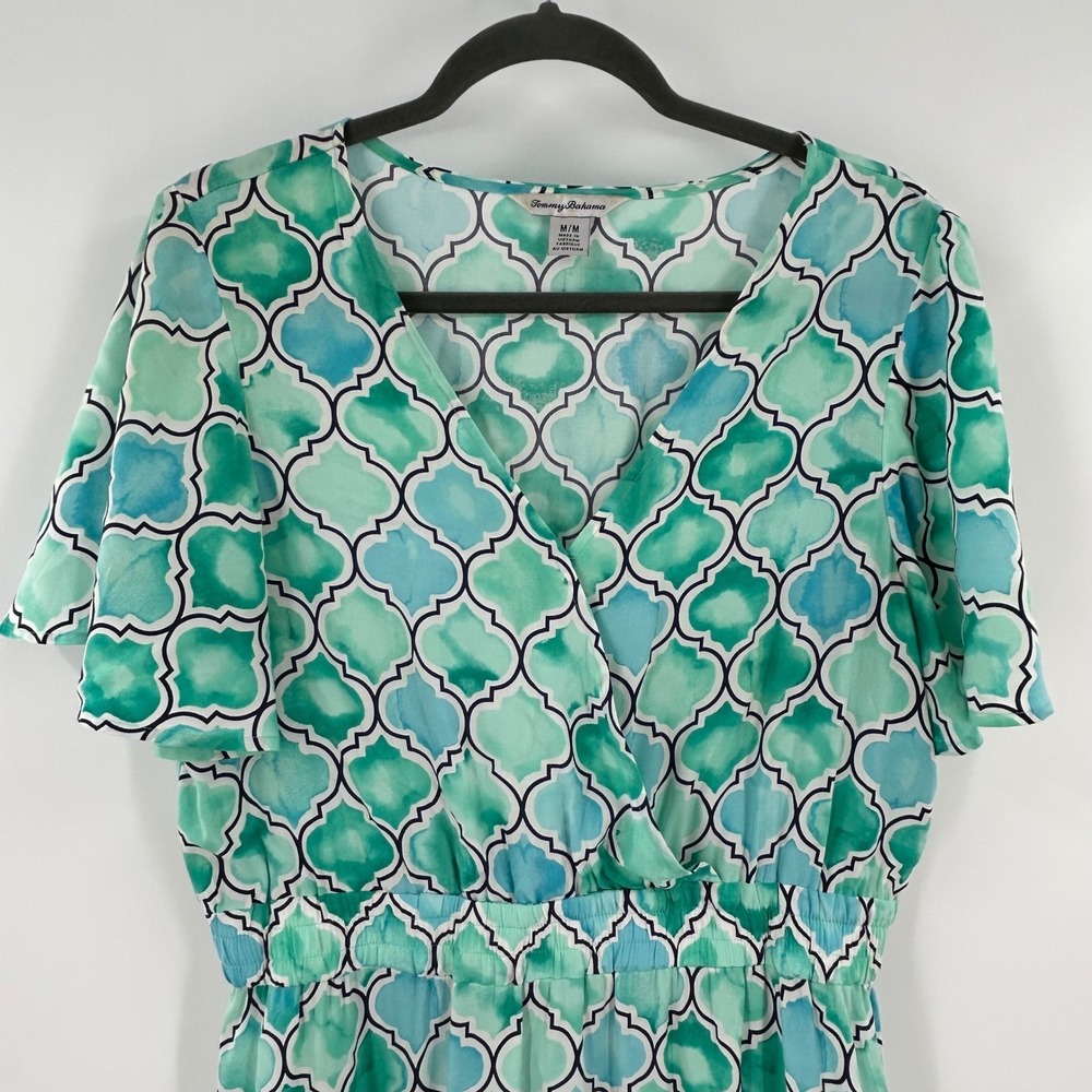 Tommy Bahama Green Teal Quatrefoil High Low Maxi Dress Short Sleeve Medium